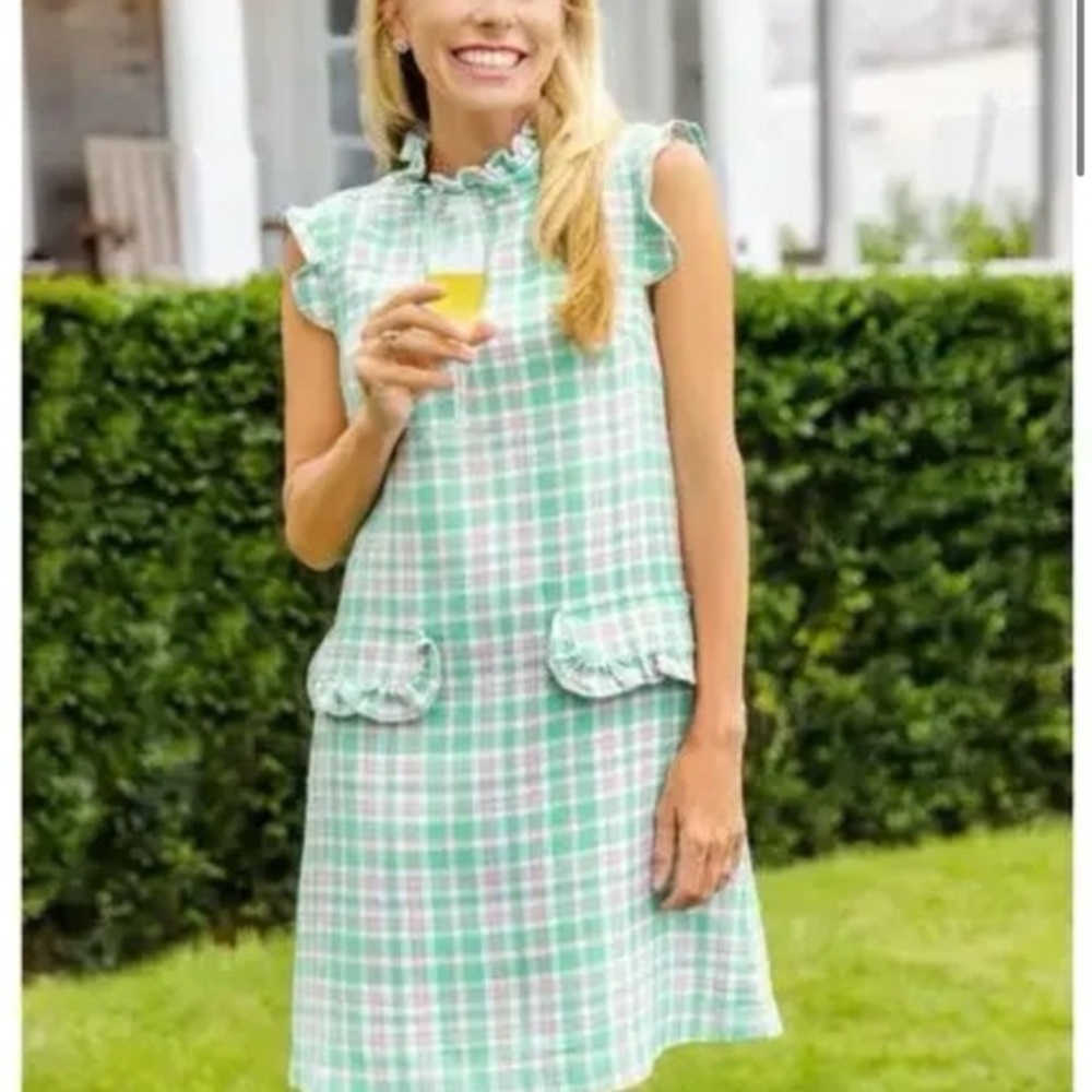 The Beaufort Bonnet Company Mint and White Plaid Ruffle-Trim Shift Dress